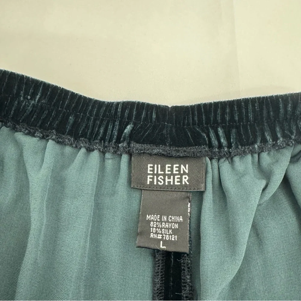 Eileen Fisher Size L Pants High Waist Elastic Waist Green Velvet Silk Blend
